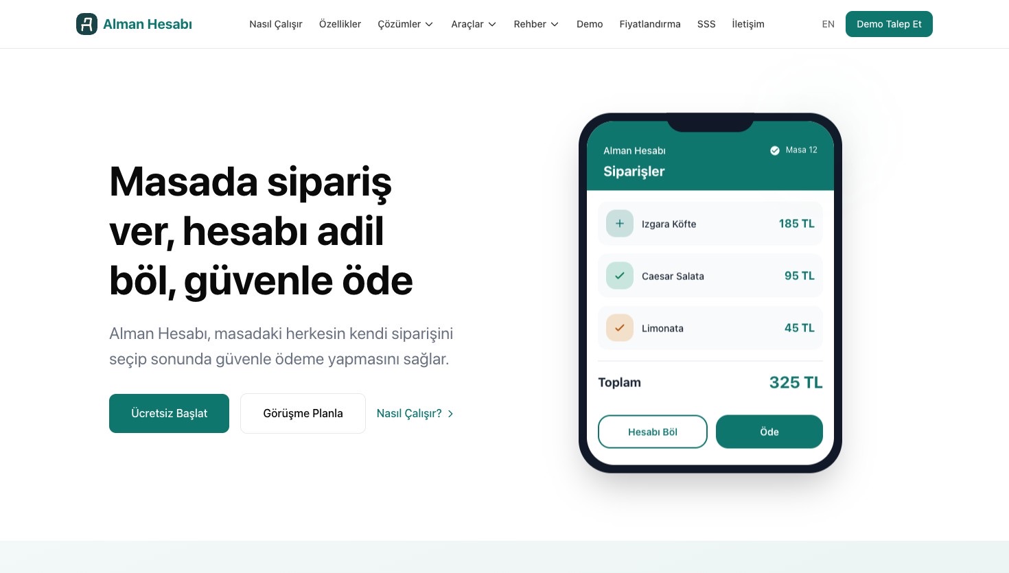 Alman Hesabi product homepage showing a table-side ordering and payment app