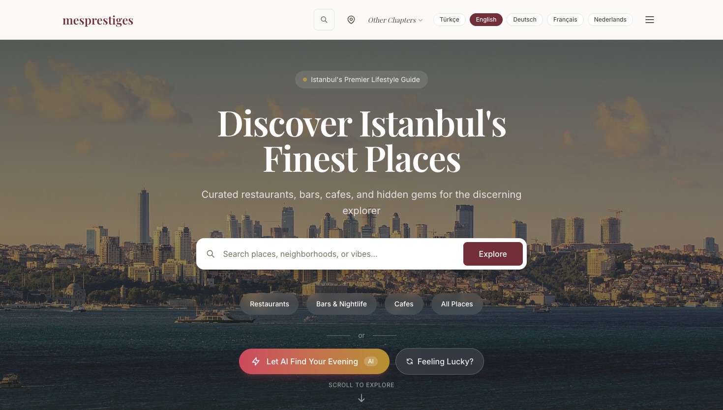 Mes Prestiges product homepage, an AI fine-dining discovery guide